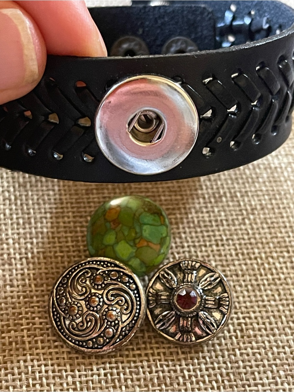 Dark Woven Snap Faux Leather Bracelet with 3 Snap Charms (B1)